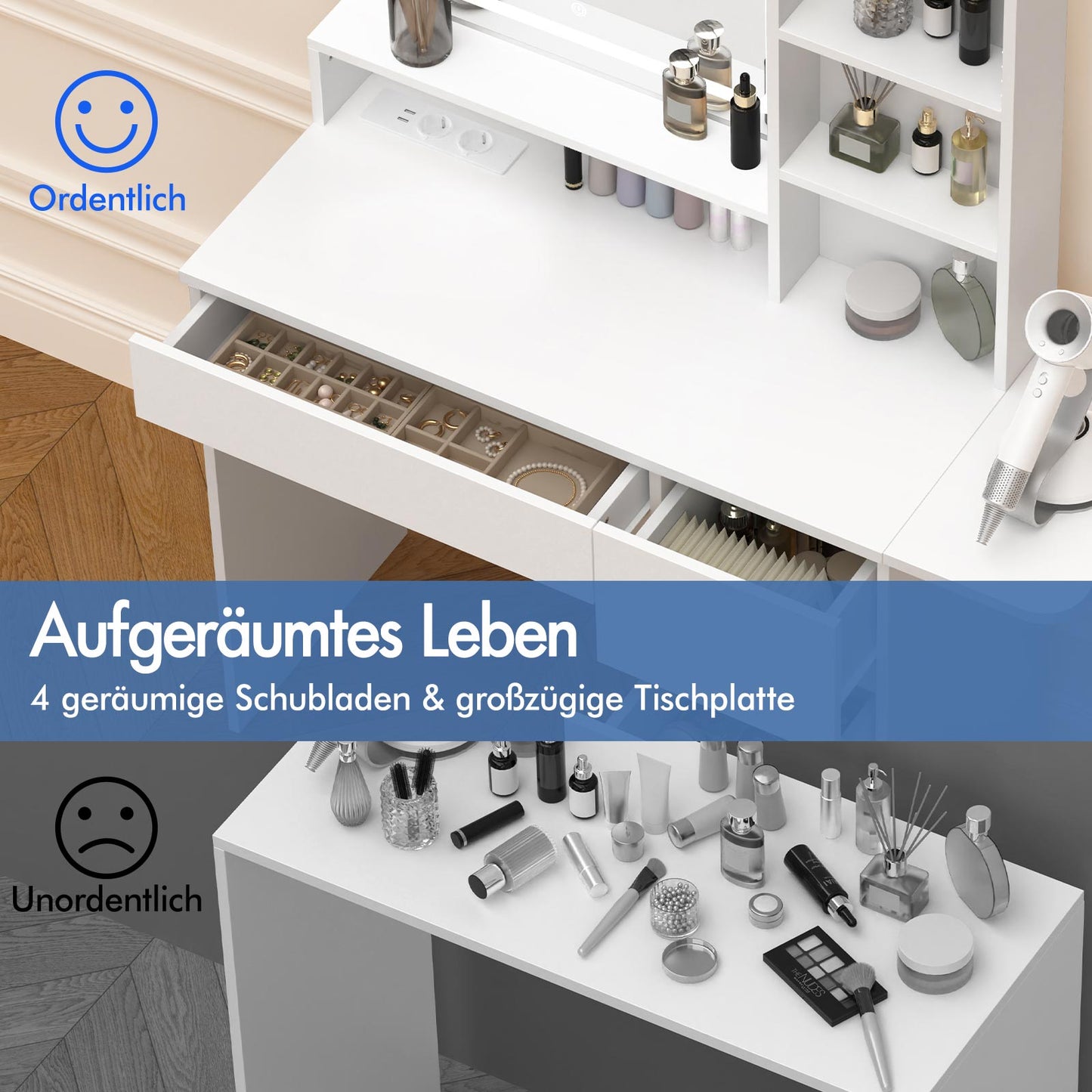 ALFORDSON Frisiertisch-Hocker-Set Schminktisch LED Spiegel Schrank Schlafzimmer
