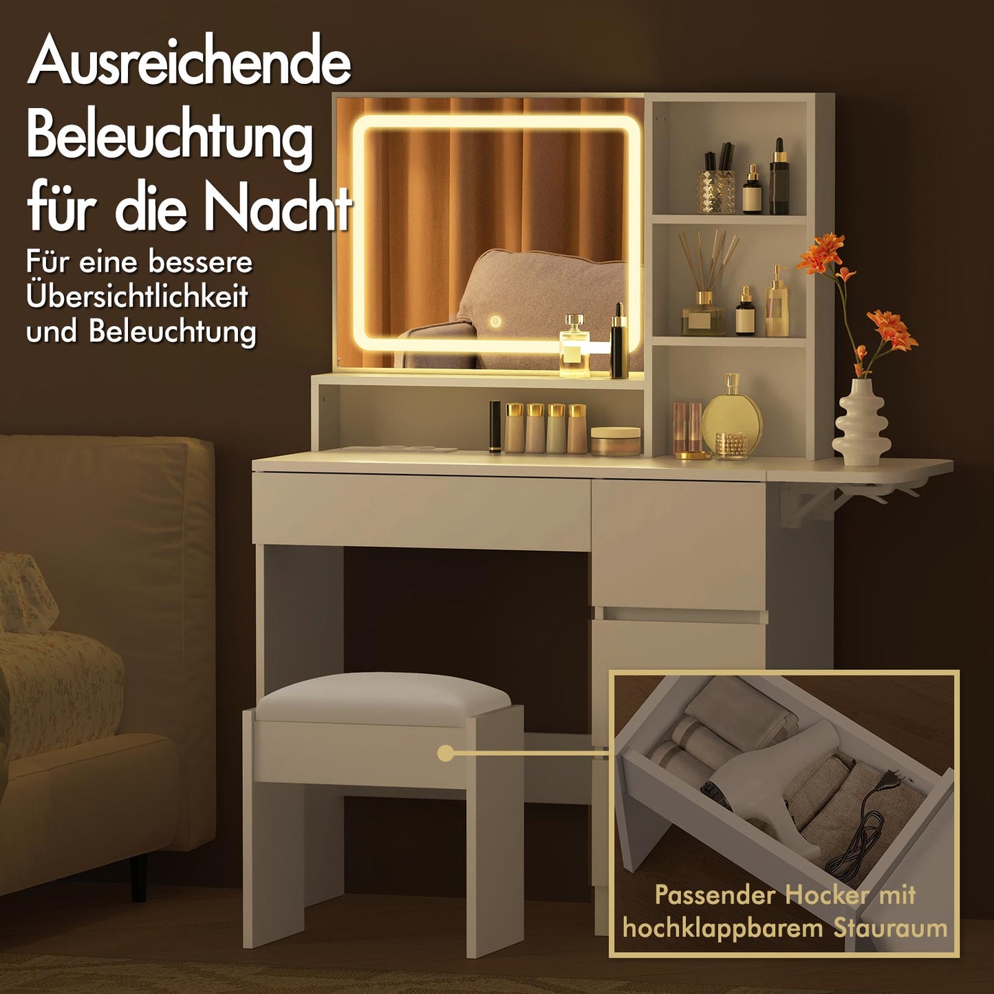 ALFORDSON Frisiertisch-Hocker-Set Schminktisch LED Spiegel Schrank Schlafzimmer