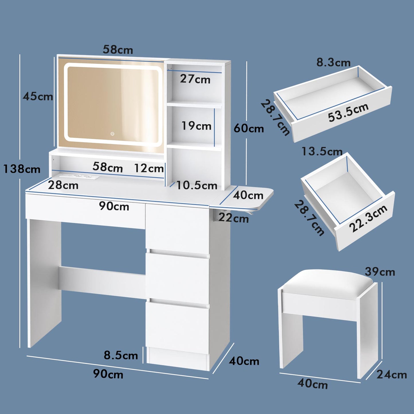 ALFORDSON Frisiertisch-Hocker-Set Schminktisch LED Spiegel Schrank Schlafzimmer