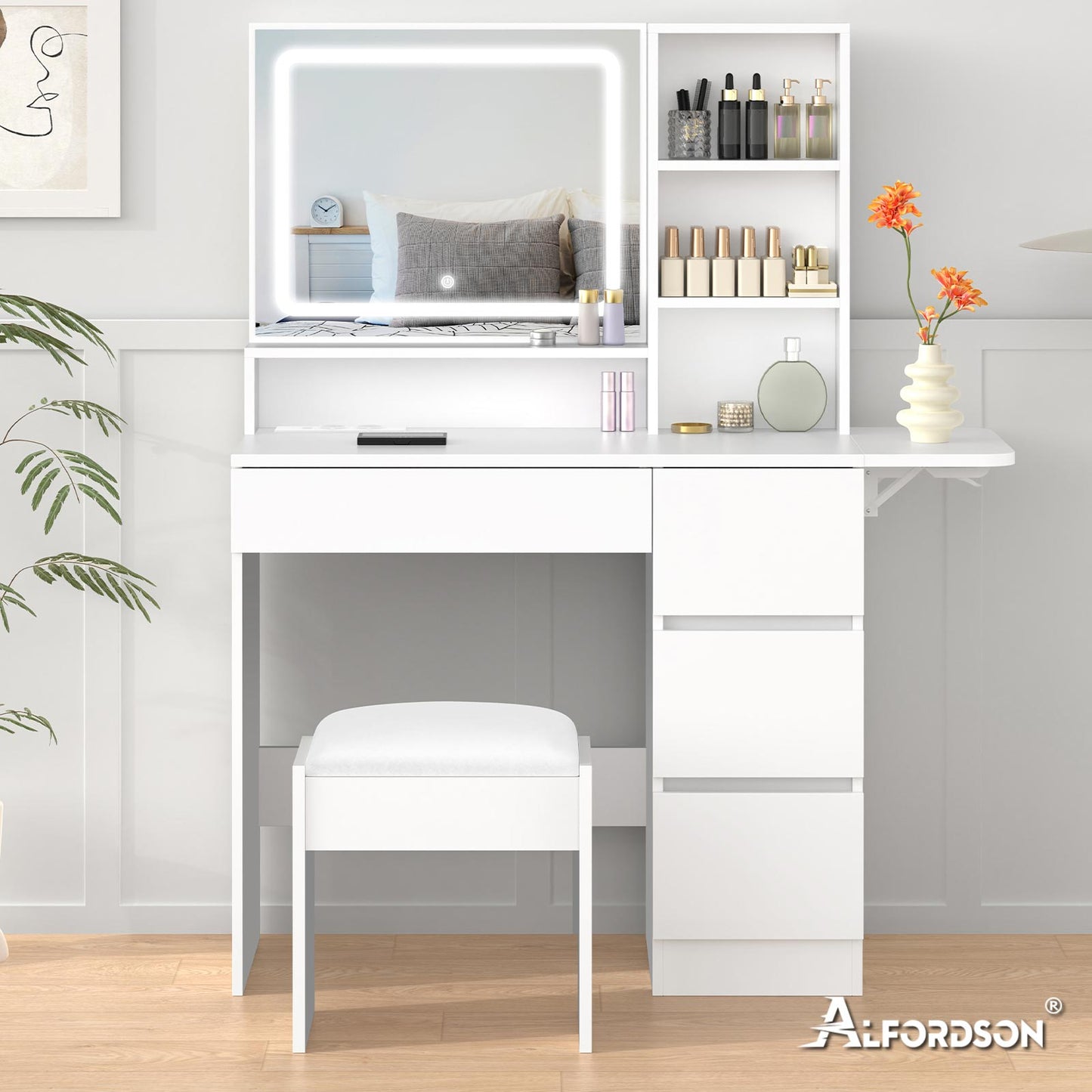 ALFORDSON Frisiertisch-Hocker-Set Schminktisch LED Spiegel Schrank Schlafzimmer