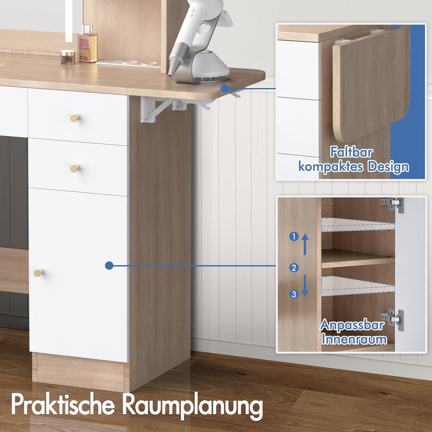 ALFORDSON Frisiertisch-Hocker-Set Schminktisch LED Spiegel Schrank Schlafzimmer