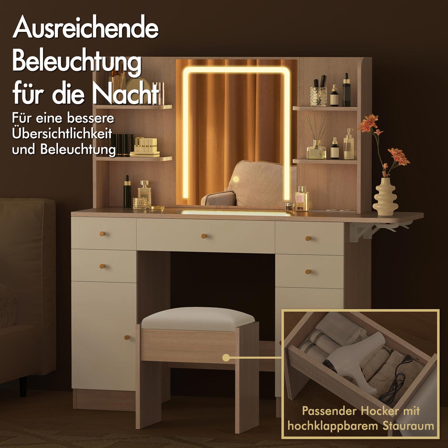 ALFORDSON Frisiertisch-Hocker-Set Schminktisch LED Spiegel Schrank Schlafzimmer