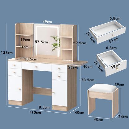 ALFORDSON Frisiertisch-Hocker-Set Schminktisch LED Spiegel Schrank Schlafzimmer