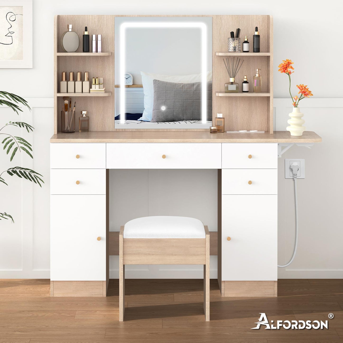 ALFORDSON Frisiertisch-Hocker-Set Schminktisch LED Spiegel Schrank Schlafzimmer