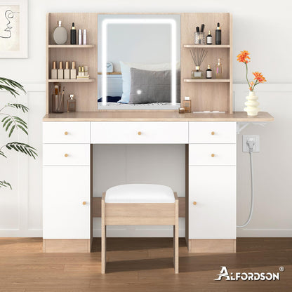 ALFORDSON Frisiertisch-Hocker-Set Schminktisch LED Spiegel Schrank Schlafzimmer