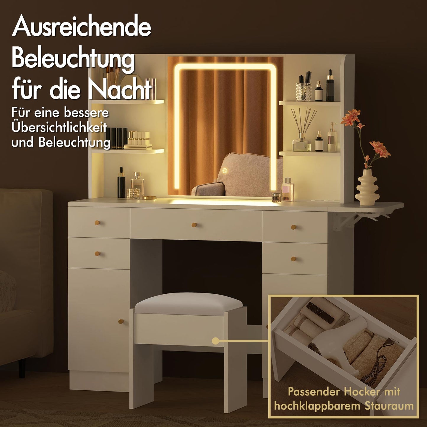 ALFORDSON Frisiertisch-Hocker-Set Schminktisch LED Spiegel Schrank Schlafzimmer