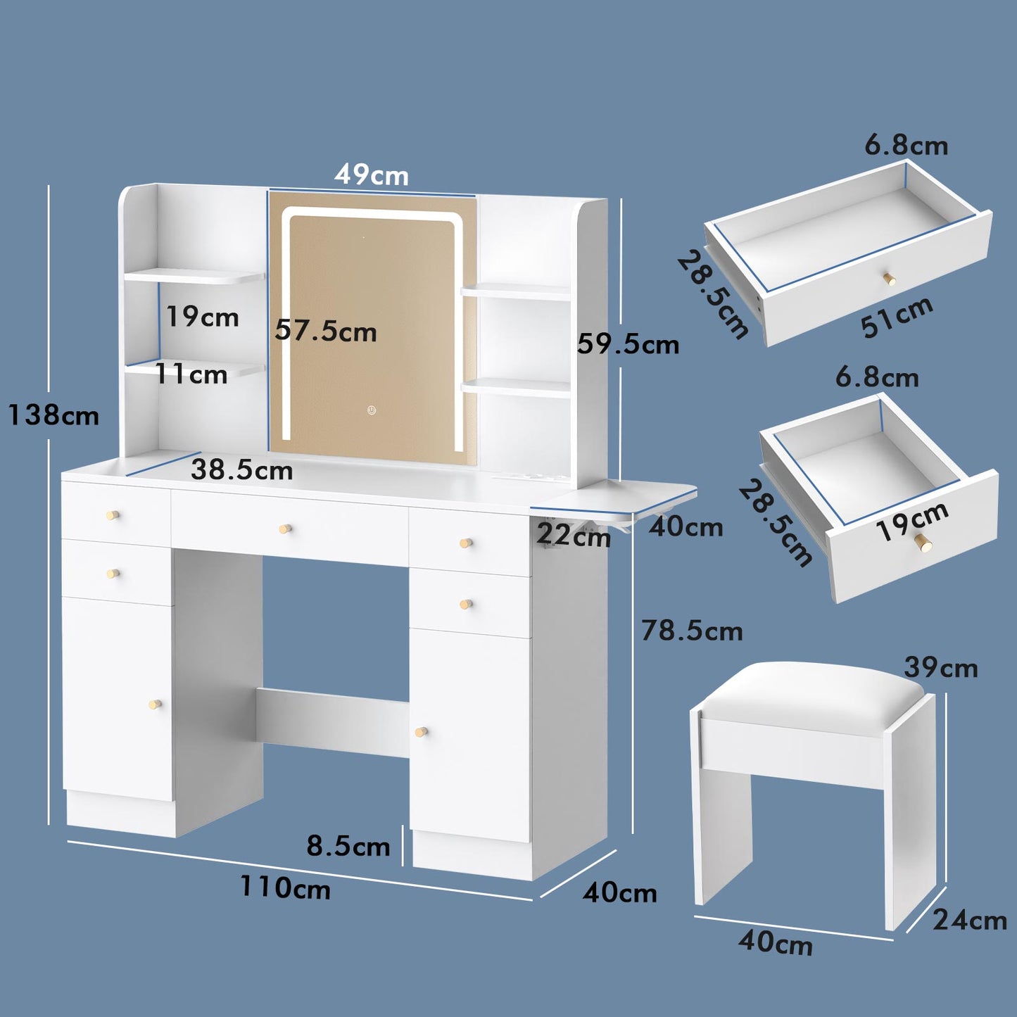 ALFORDSON Frisiertisch-Hocker-Set Schminktisch LED Spiegel Schrank Schlafzimmer