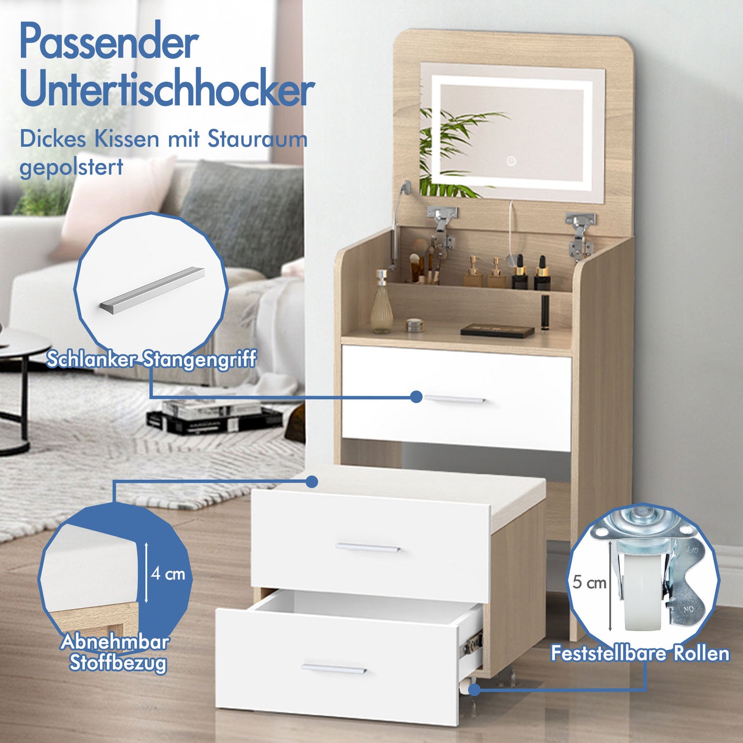 ALFORDSON Frisiertisch-Hocker-Set Schminktisch LED Spiegel Schrank Schlafzimmer