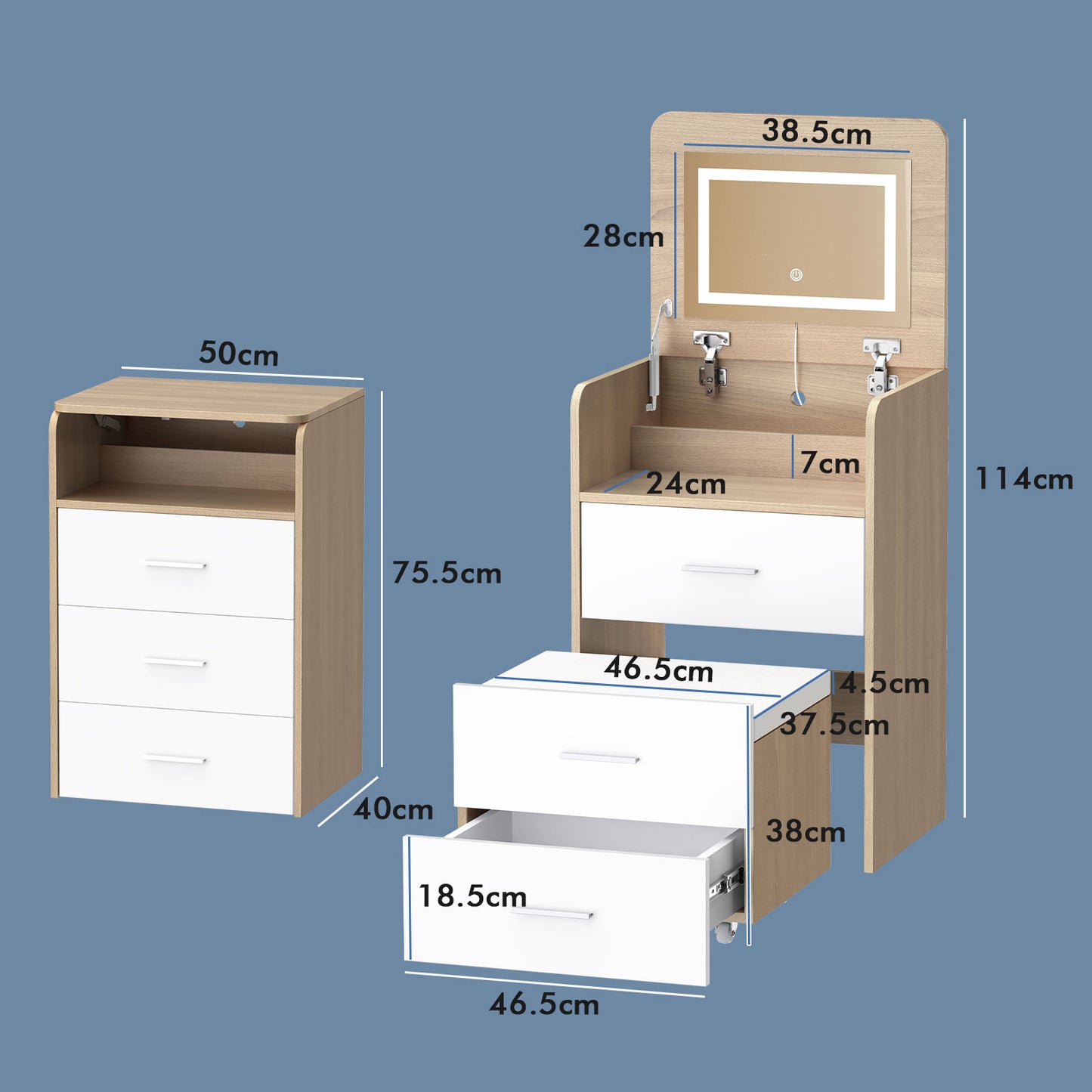 ALFORDSON Frisiertisch-Hocker-Set Schminktisch LED Spiegel Schrank Schlafzimmer