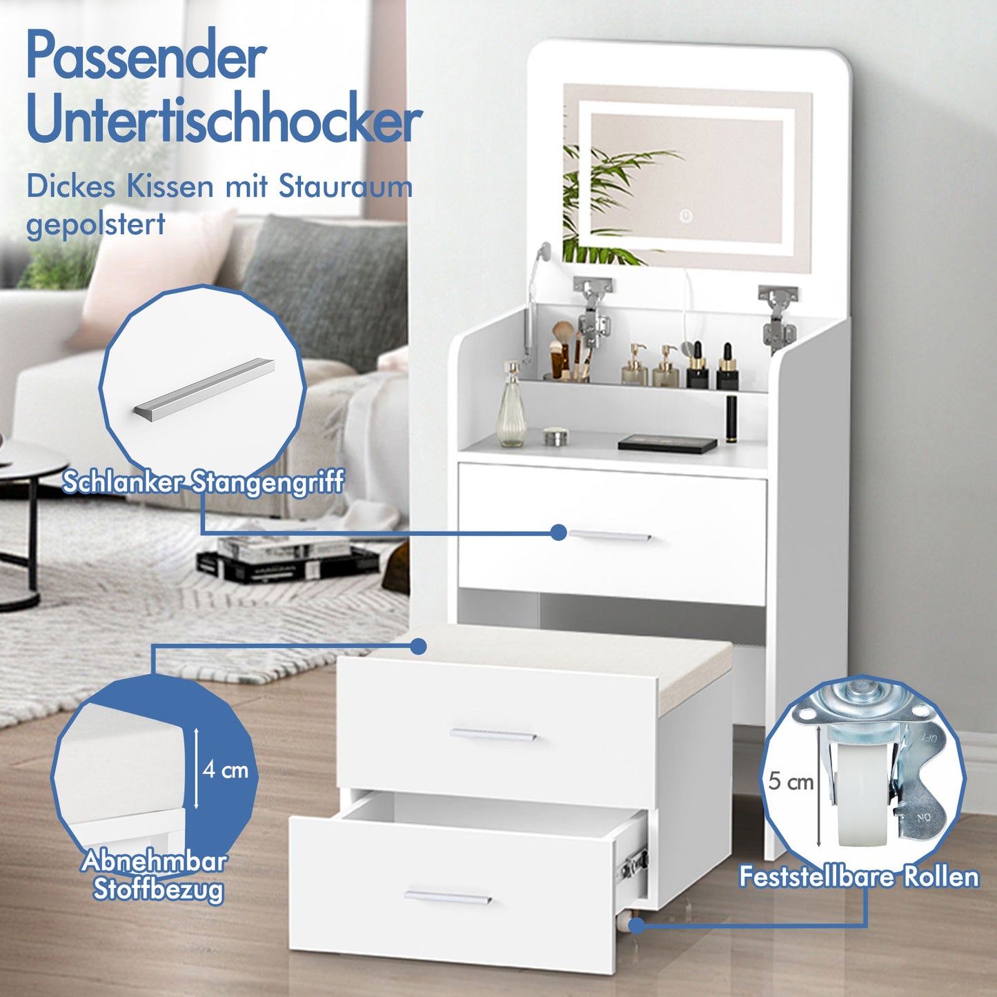 ALFORDSON Frisiertisch-Hocker-Set Schminktisch LED Spiegel Schrank Schlafzimmer