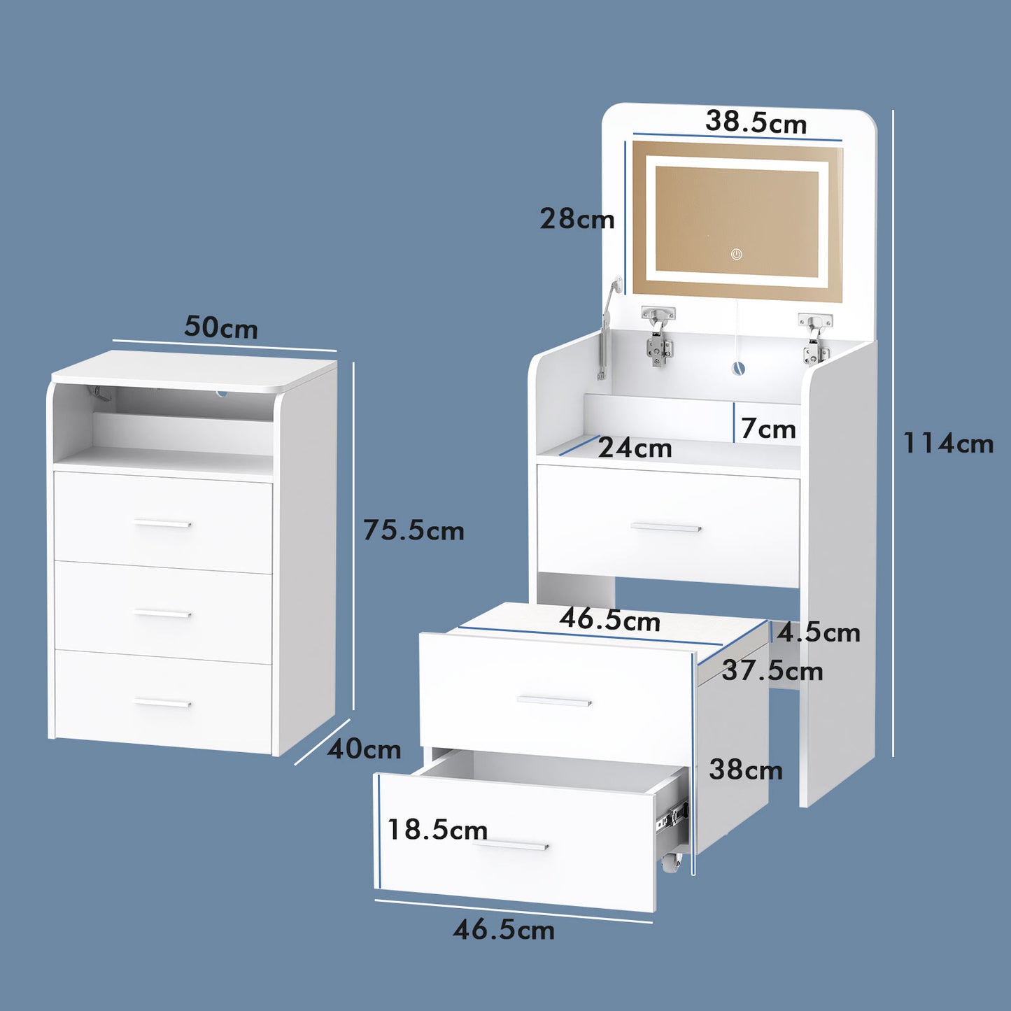ALFORDSON Frisiertisch-Hocker-Set Schminktisch LED Spiegel Schrank Schlafzimmer