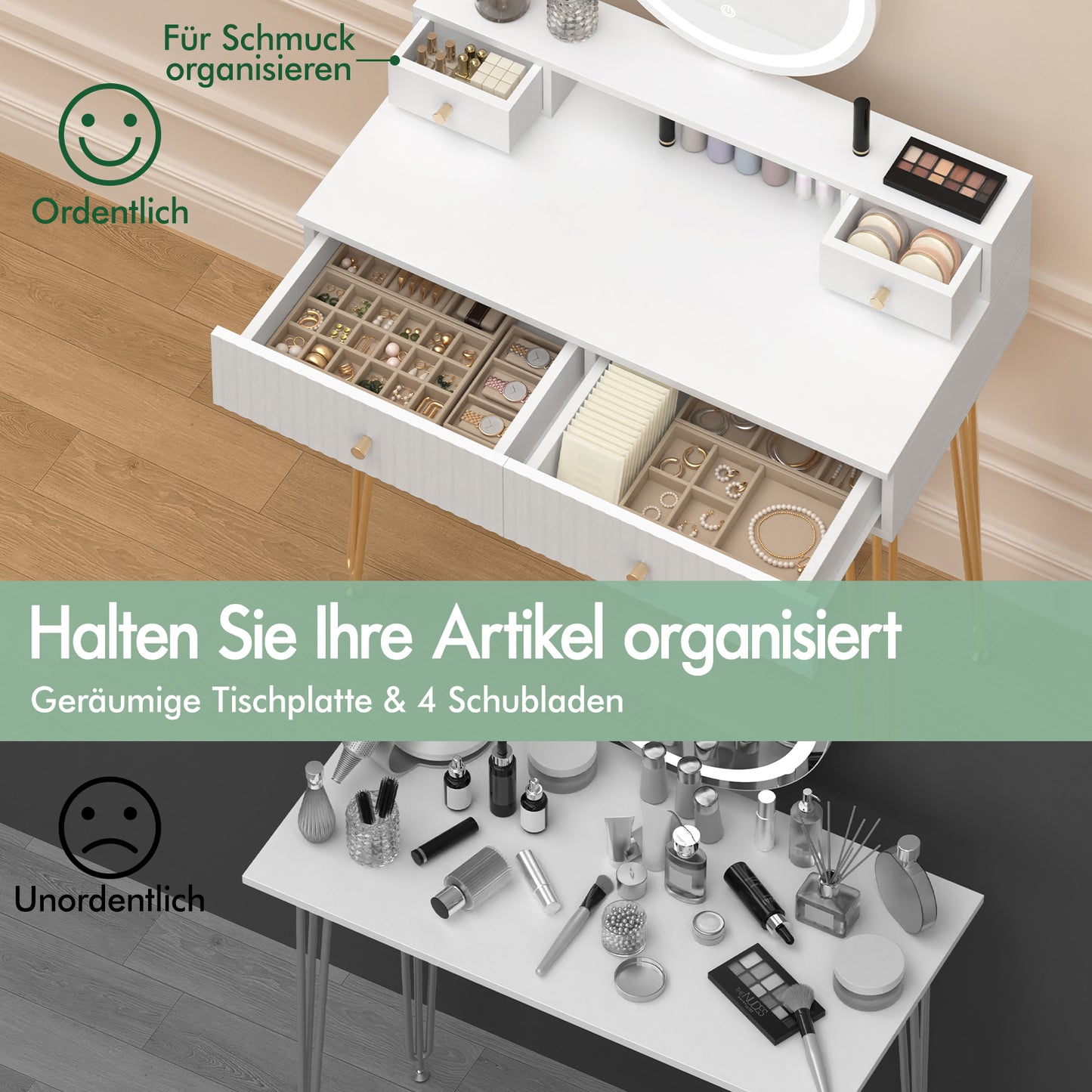 ALFORDSON Frisiertisch-Hocker-Set Schminktisch LED Spiegel Schrank Schlafzimmer