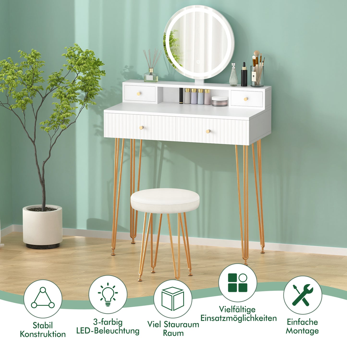 ALFORDSON Frisiertisch-Hocker-Set Schminktisch LED Spiegel Schrank Schlafzimmer