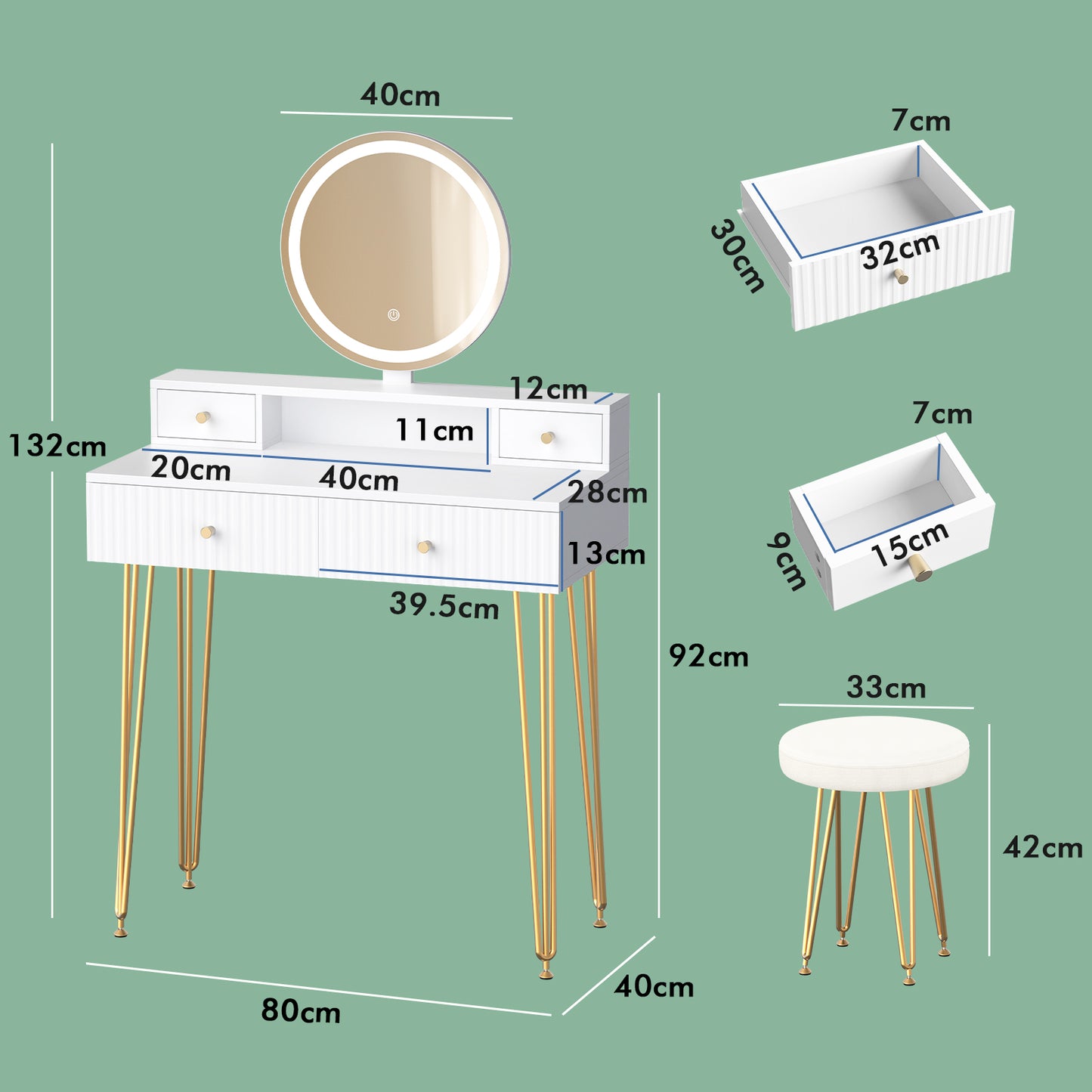 ALFORDSON Frisiertisch-Hocker-Set Schminktisch LED Spiegel Schrank Schlafzimmer