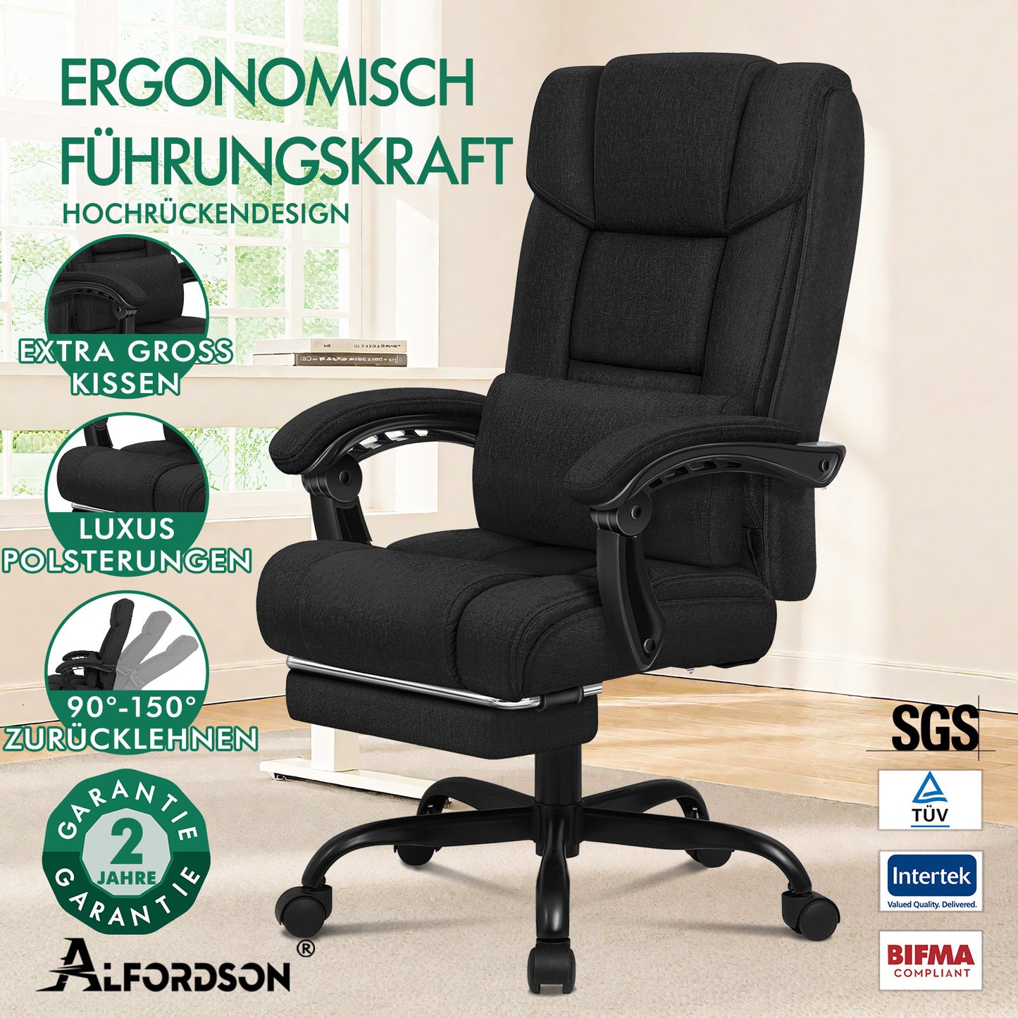 ALFORDSON Bürostuhl Exekutive Computer Spielen Stoffsitz Liegestuhl Schwarz