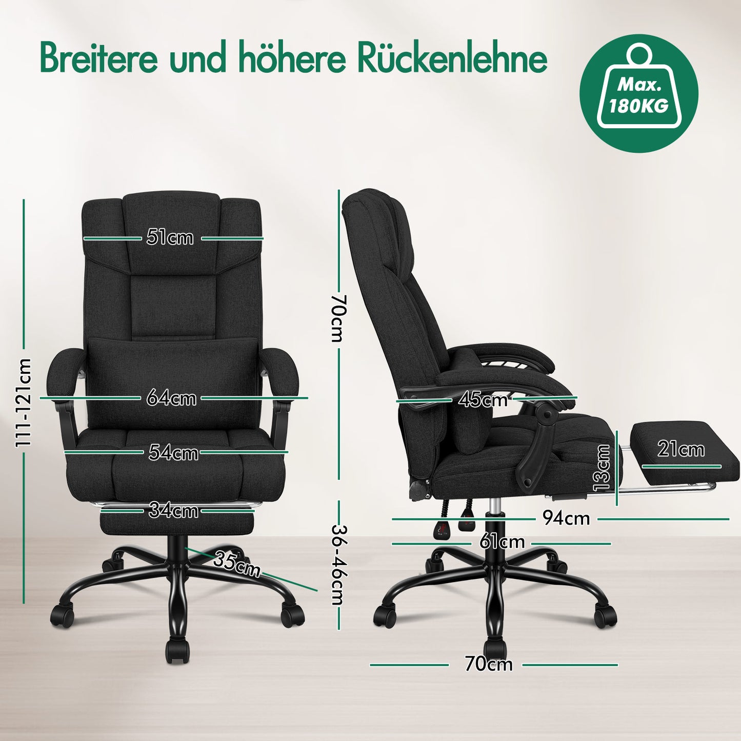 ALFORDSON Bürostuhl Exekutive Computer Spielen Stoffsitz Liegestuhl Schwarz