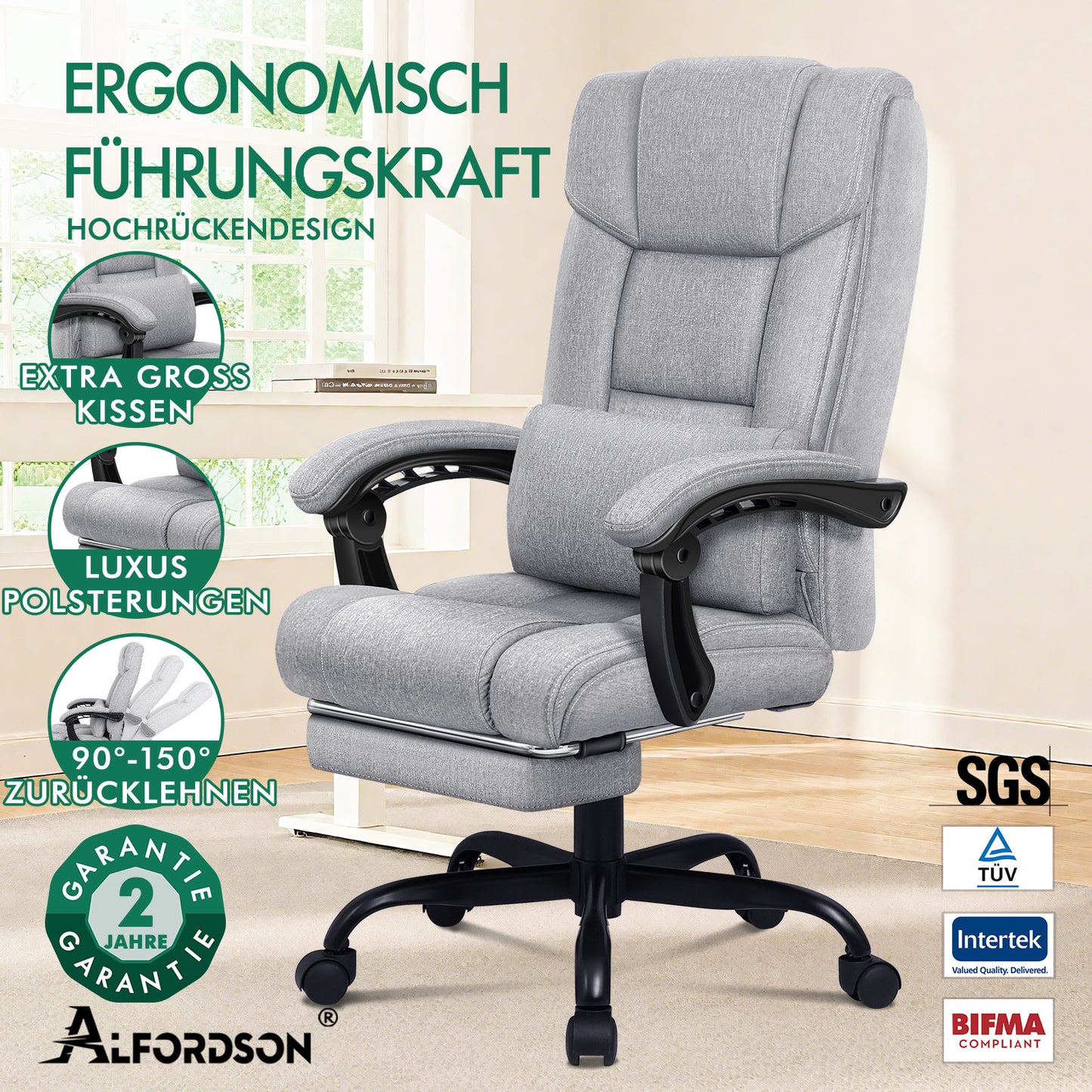Silla de oficina ALFORDSON ejecutiva para juegos de computadora, asiento de tela, reclinable, gris