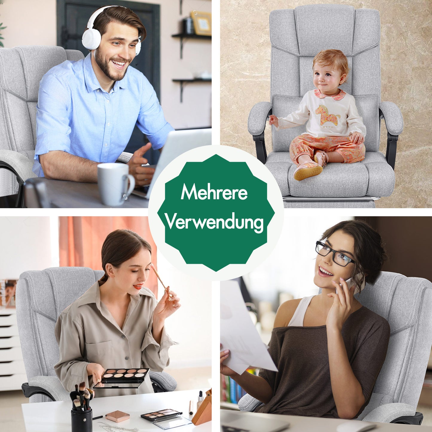 Silla de oficina ALFORDSON ejecutiva para juegos de computadora, asiento de tela, reclinable, gris