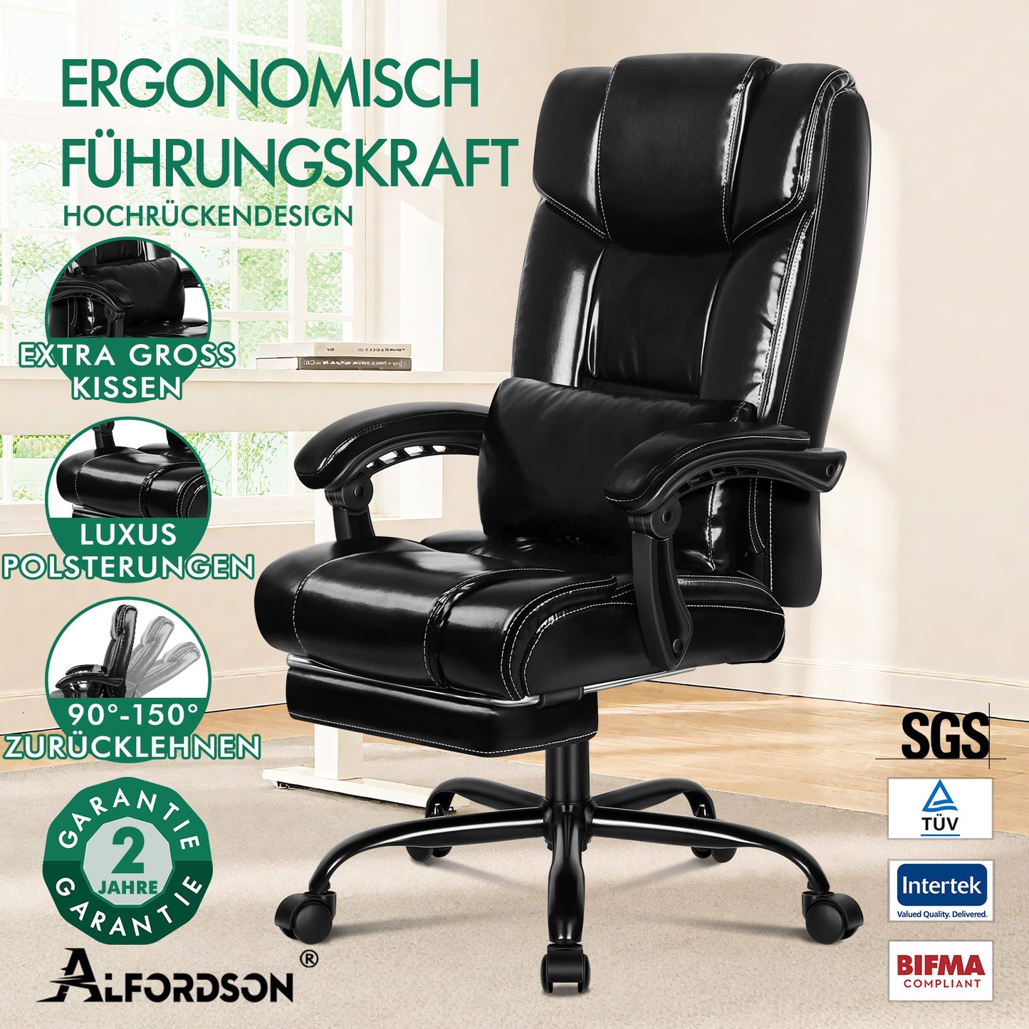 Silla de oficina ALFORDSON ejecutiva para juegos de ordenador, asiento de cuero sintético, reclinable, color negro