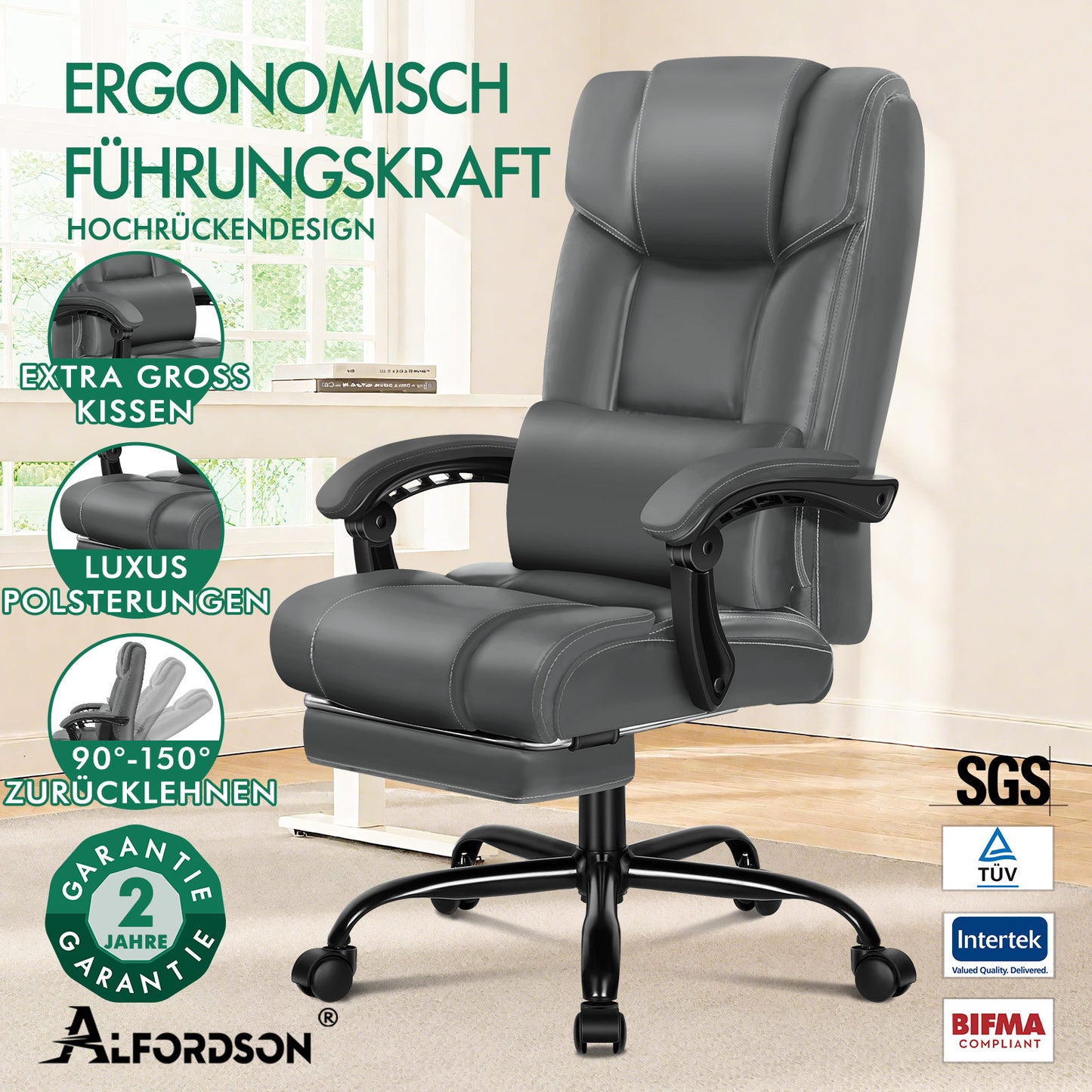 Silla de oficina ALFORDSON ejecutiva para juegos de ordenador, asiento de cuero sintético, reclinable, color gris