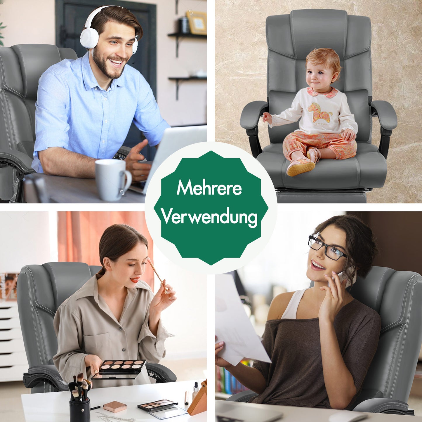 Silla de oficina ALFORDSON ejecutiva para juegos de ordenador, asiento de cuero sintético, reclinable, color gris