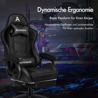 Silla gaming ALFORDSON con masaje de 2 puntos, silla de oficina con reposapiés, color negro
