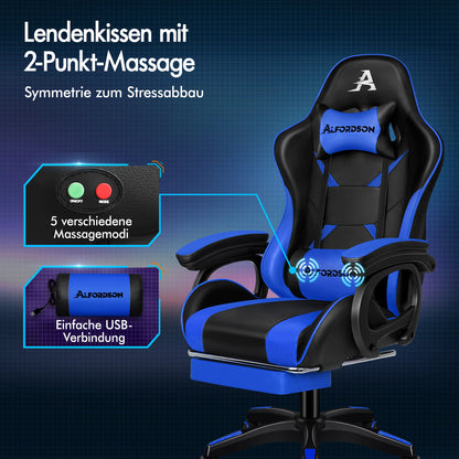 ALFORDSON Gaming Stuhl mit 2-Punkt Massage Bürostuhl mit Fußstütze Blau & Schwarz