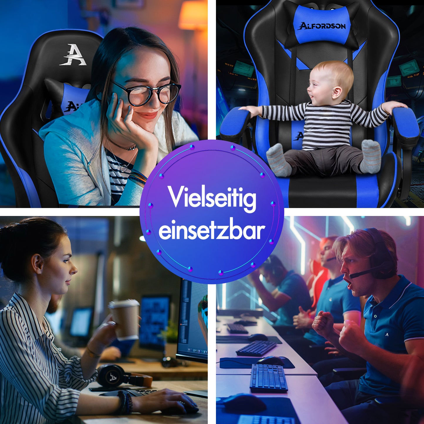 ALFORDSON Gaming Stuhl mit 2-Punkt Massage Bürostuhl mit Fußstütze Blau & Schwarz