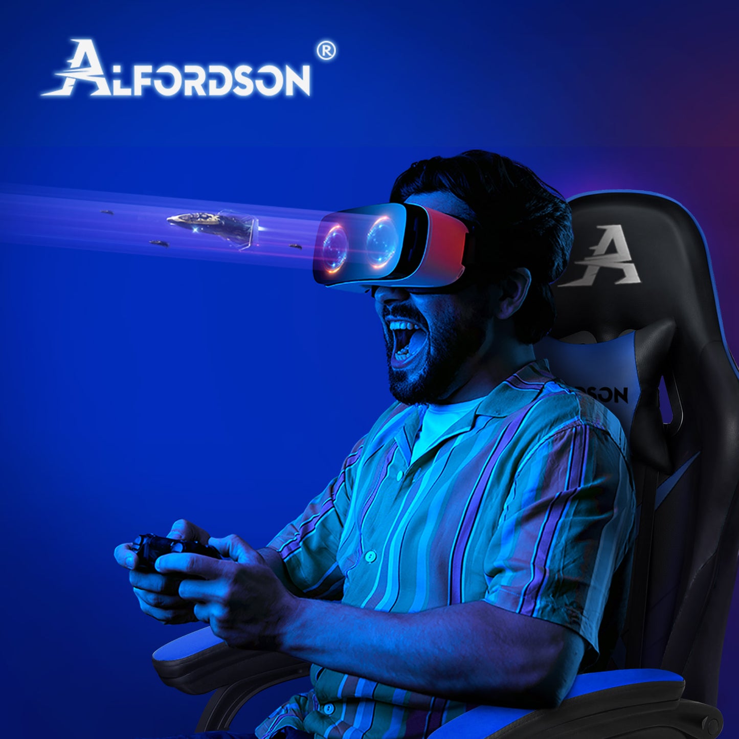 ALFORDSON Gaming Stuhl mit 2-Punkt Massage Bürostuhl mit Fußstütze Blau & Schwarz