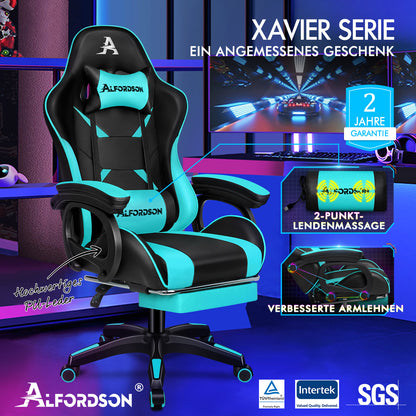 ALFORDSON Gaming Stuhl mit 2-Punkt Massage Bürostuhl mit Fußstütze Cyan & Schwarz