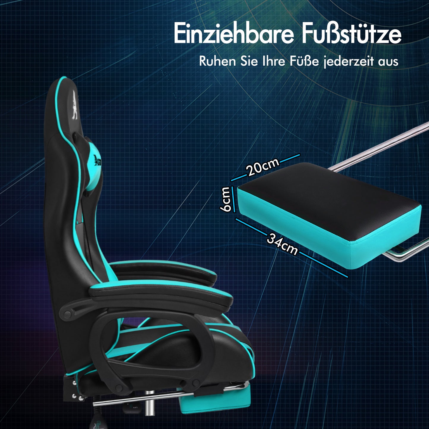 ALFORDSON Gaming Stuhl mit 2-Punkt Massage Bürostuhl mit Fußstütze Cyan & Schwarz