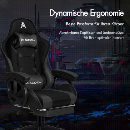 ALFORDSON Gaming Stuhl mit 2-Punkt Massage Bürostuhl mit Fußstütze Grau & Schwarz