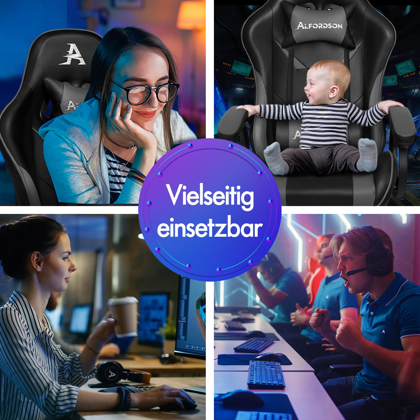ALFORDSON Gaming Stuhl mit 2-Punkt Massage Bürostuhl mit Fußstütze Grau & Schwarz