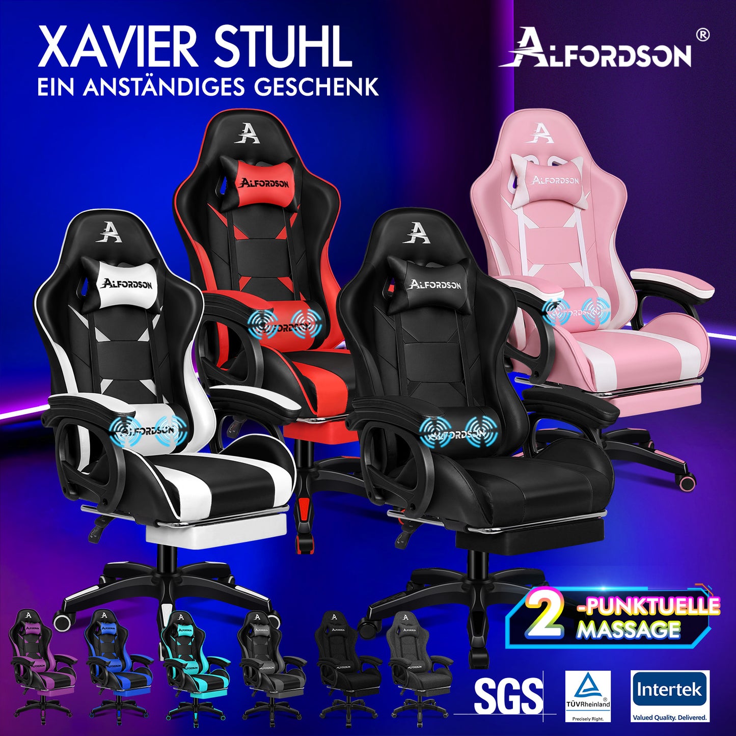 ALFORDSON Gaming Stuhl mit 2-Punkt Massage Bürostuhl mit Fußstütze
