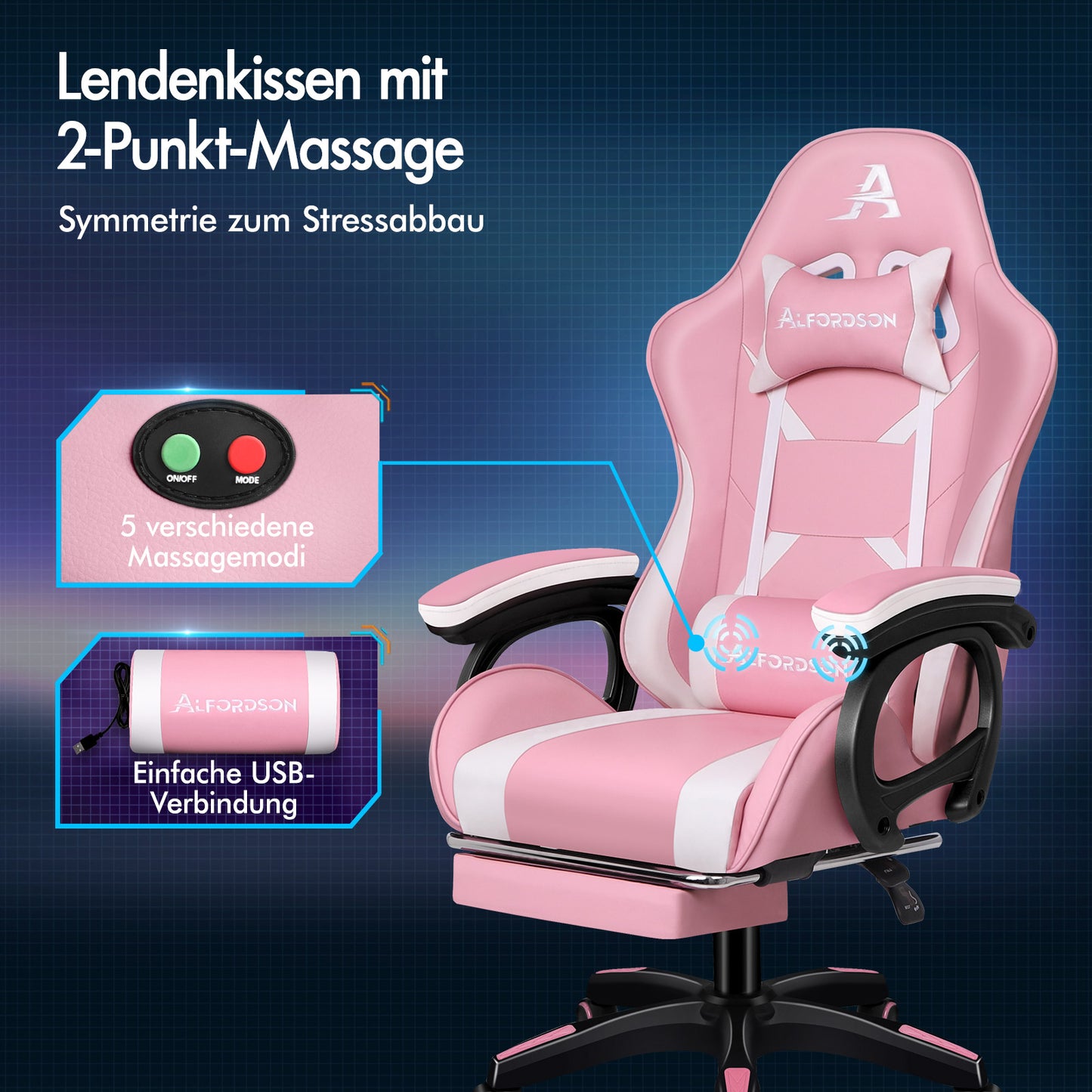 ALFORDSON Gaming Stuhl mit 2-Punkt Massage Bürostuhl mit Fußstütze Rosa & Weiß