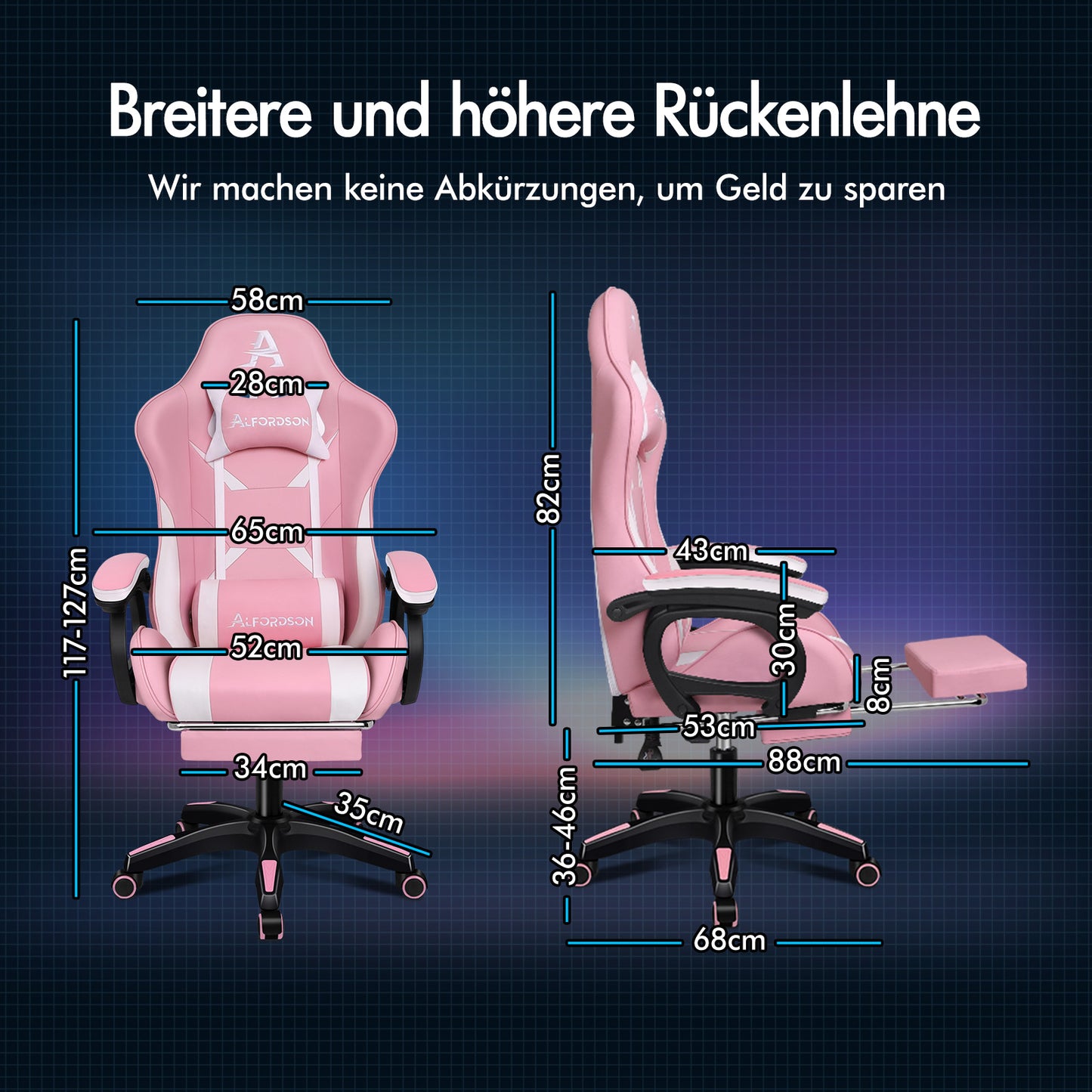 ALFORDSON Gaming Stuhl mit 2-Punkt Massage Bürostuhl mit Fußstütze Rosa & Weiß