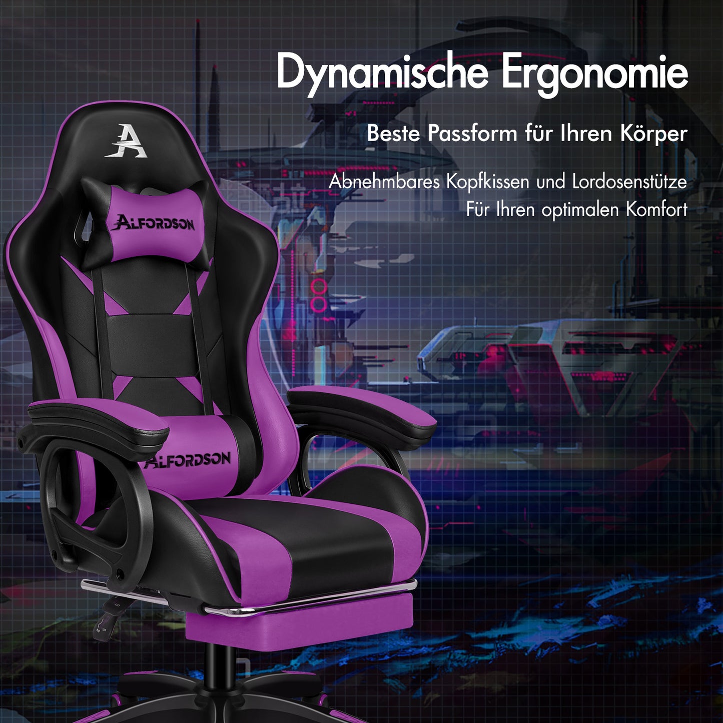 ALFORDSON Gaming-Stuhl 2-Punkt-Massage Bürostuhl Fußstütze Computerstuhl Lila