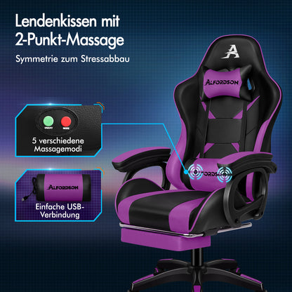 ALFORDSON Gaming-Stuhl 2-Punkt-Massage Bürostuhl Fußstütze Computerstuhl Lila