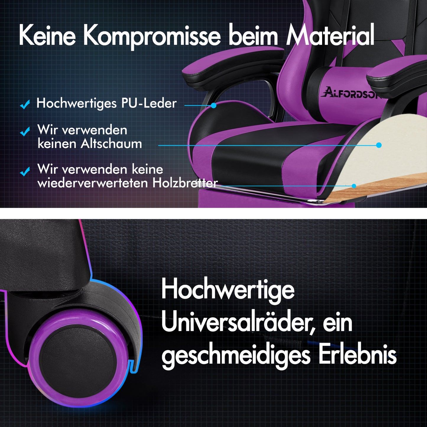 ALFORDSON Gaming-Stuhl 2-Punkt-Massage Bürostuhl Fußstütze Computerstuhl Lila