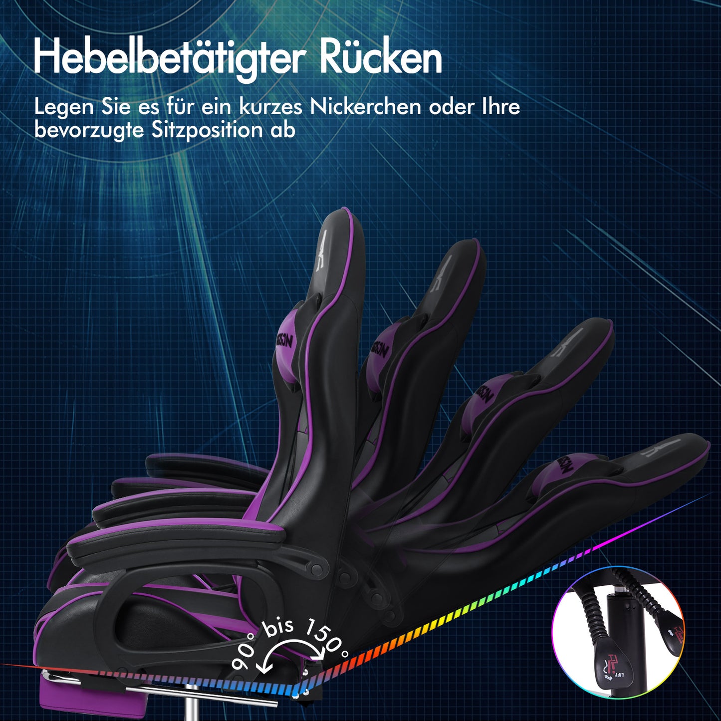 ALFORDSON Gaming-Stuhl 2-Punkt-Massage Bürostuhl Fußstütze Computerstuhl Lila