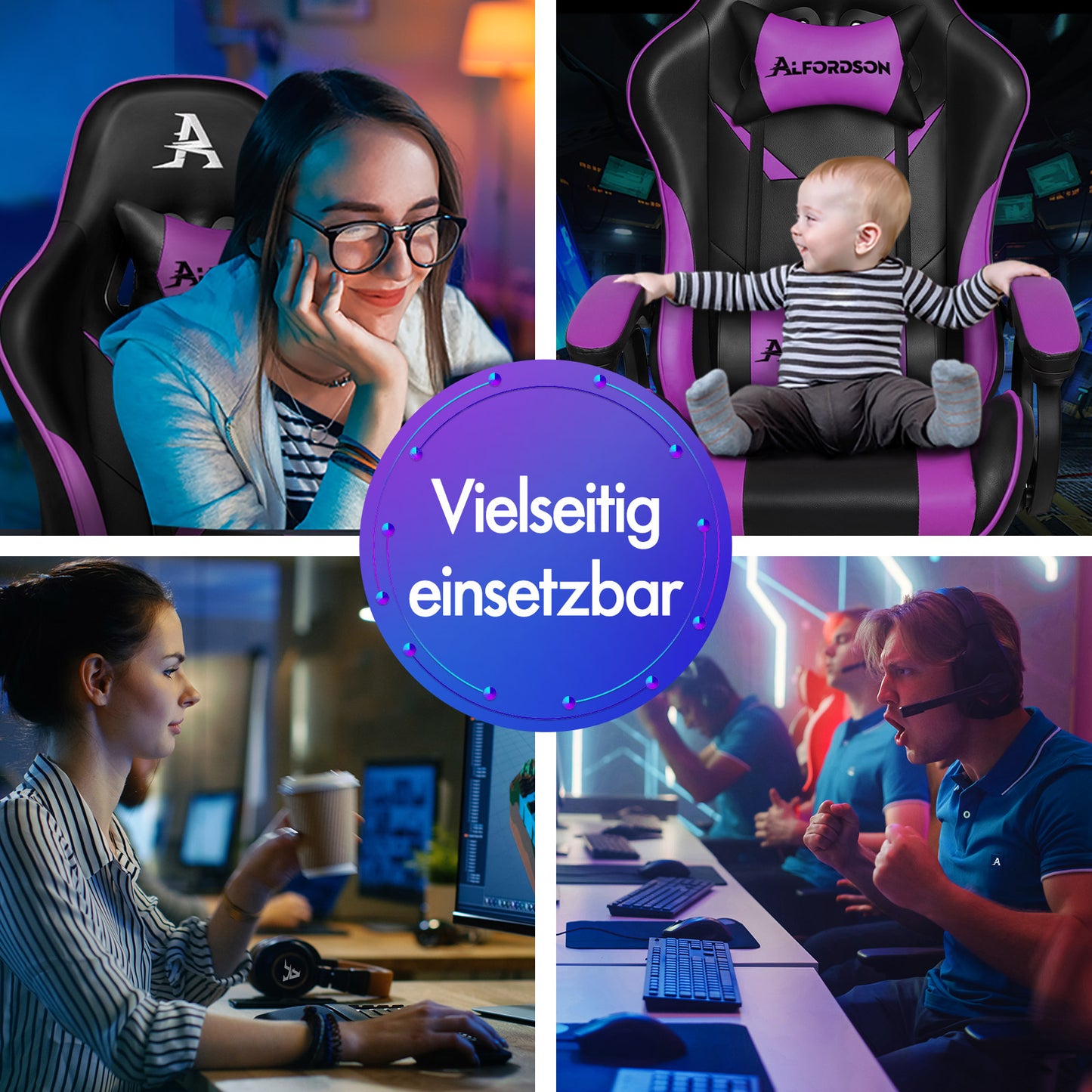 ALFORDSON Gaming-Stuhl 2-Punkt-Massage Bürostuhl Fußstütze Computerstuhl Lila