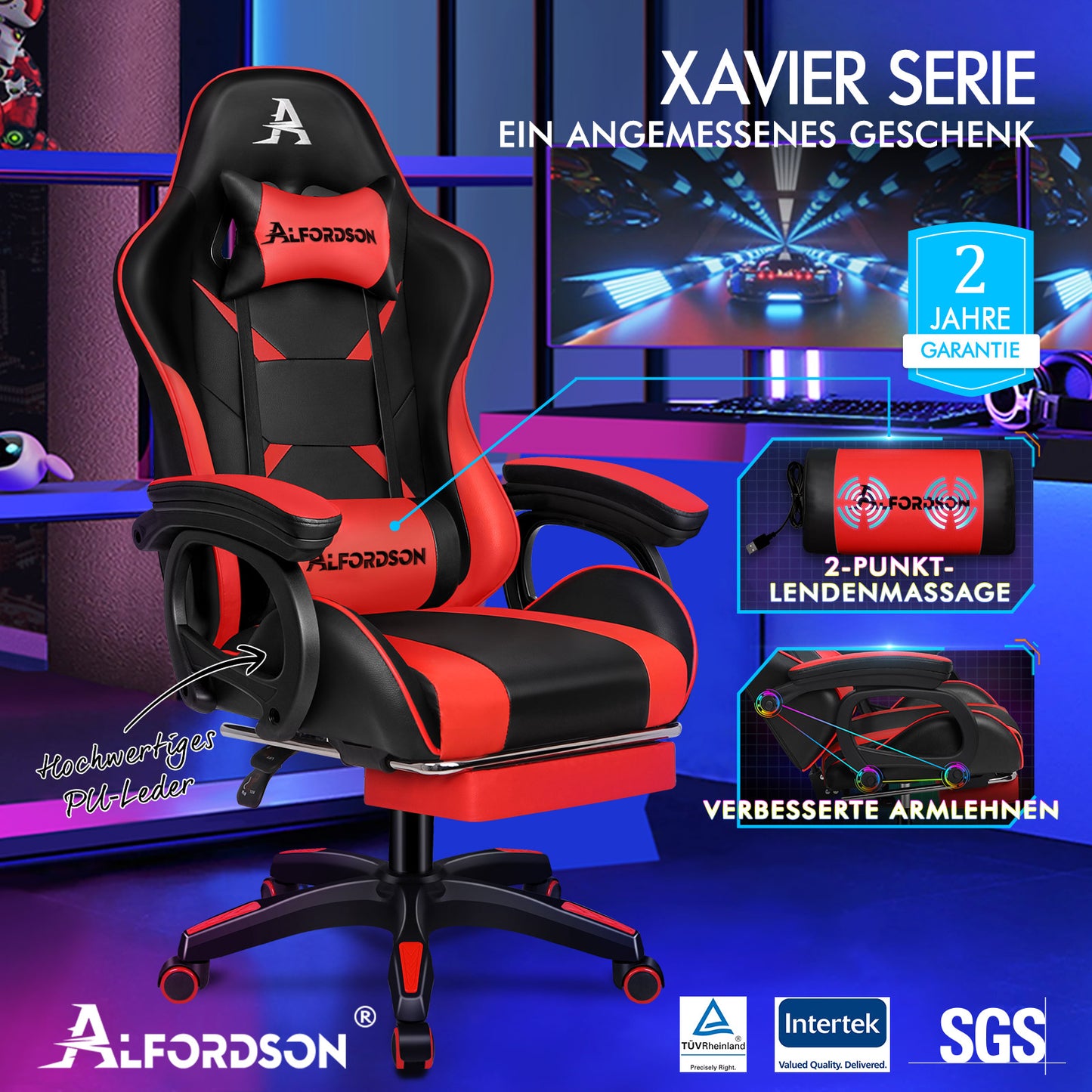 ALFORDSON Gaming Stuhl mit 2-Punkt Massage Bürostuhl mit Fußstütze Rot & Schwarz