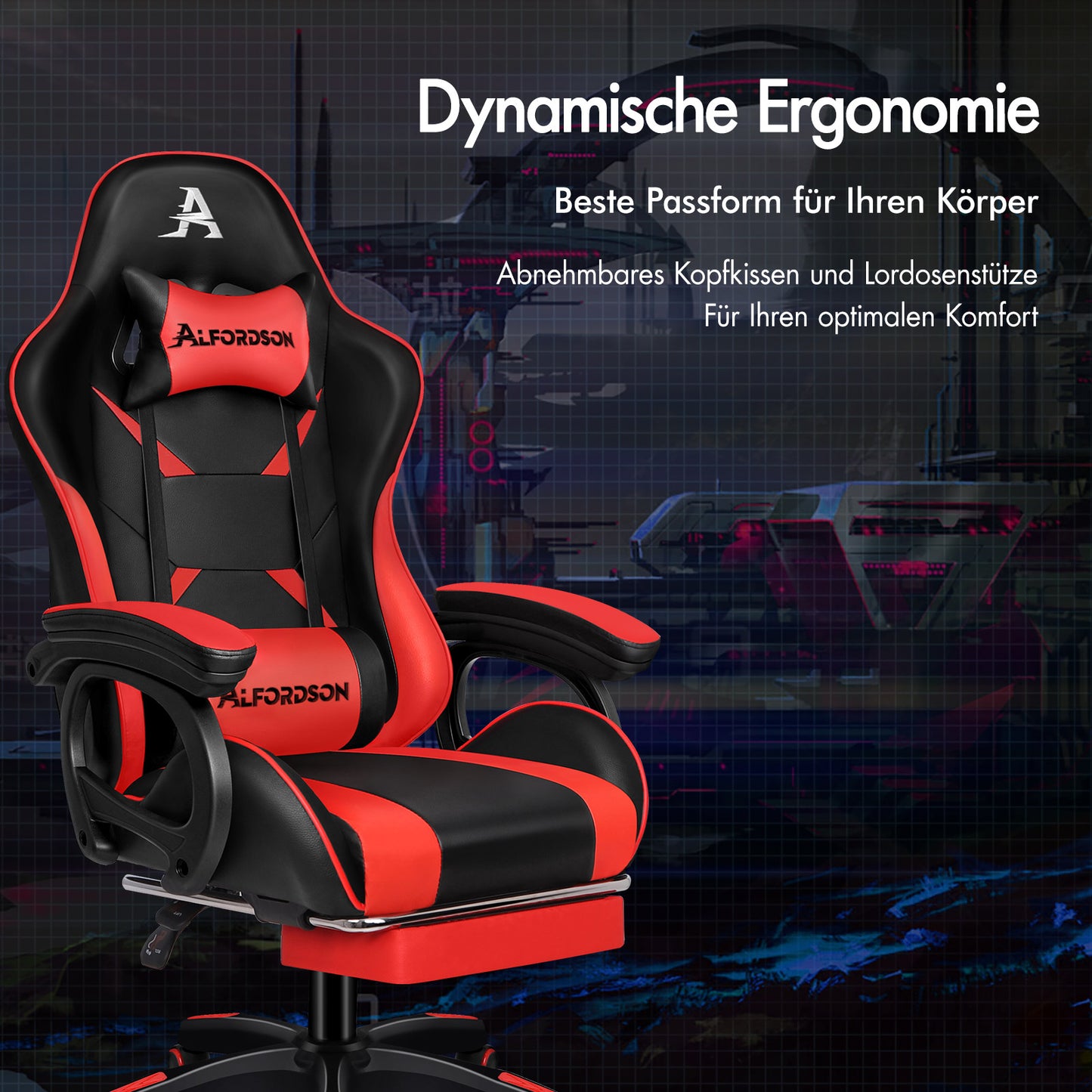 ALFORDSON Gaming Stuhl mit 2-Punkt Massage Bürostuhl mit Fußstütze Rot & Schwarz