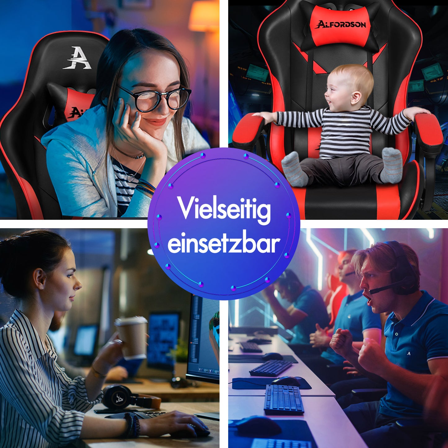 ALFORDSON Gaming Stuhl mit 2-Punkt Massage Bürostuhl mit Fußstütze Rot & Schwarz