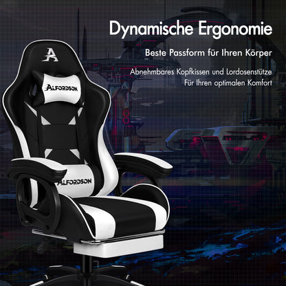 Silla gaming ALFORDSON con masaje de 2 puntos, silla de oficina con reposapiés, color blanco y negro