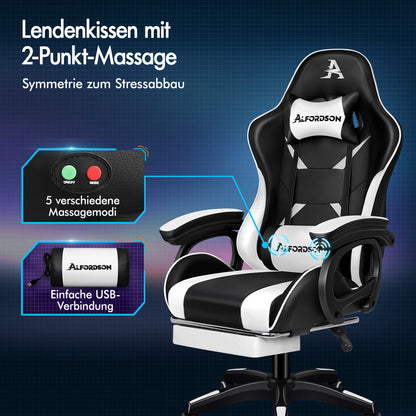 Silla gaming ALFORDSON con masaje de 2 puntos, silla de oficina con reposapiés, color blanco y negro