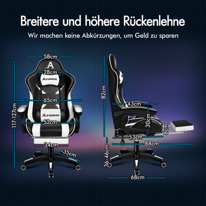 Silla gaming ALFORDSON con masaje de 2 puntos, silla de oficina con reposapiés, color blanco y negro