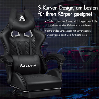 ALFORDSON Gaming Stuhl Office Racer Großes Lendenkissen Fußstütze Sitz Leder Schwarz