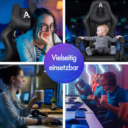 ALFORDSON Gaming Stuhl Office Racer Großes Lendenkissen Fußstütze Sitz Leder Schwarz