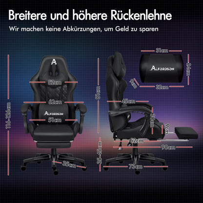 ALFORDSON Gaming Stuhl Office Racer Großes Lendenkissen Fußstütze Sitz Leder Schwarz